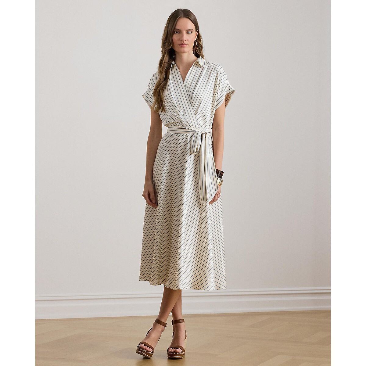 Striped Wrapover Short Sleeve Midi Dress ecru/navy striped, LAUREN RALPH LAUREN