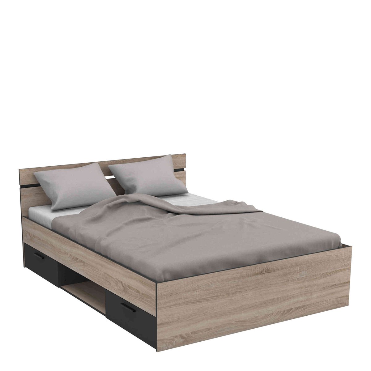 Lit avec 2 tiroirs, 1 niche de rangement bois foncé, TERRE DE NUIT