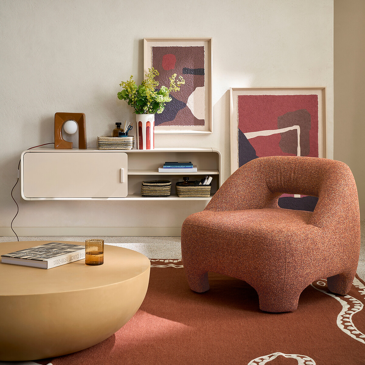 Inaga Textured Fabric Compact Upholstered Armchair brown marl, LA REDOUTE INTERIEURS