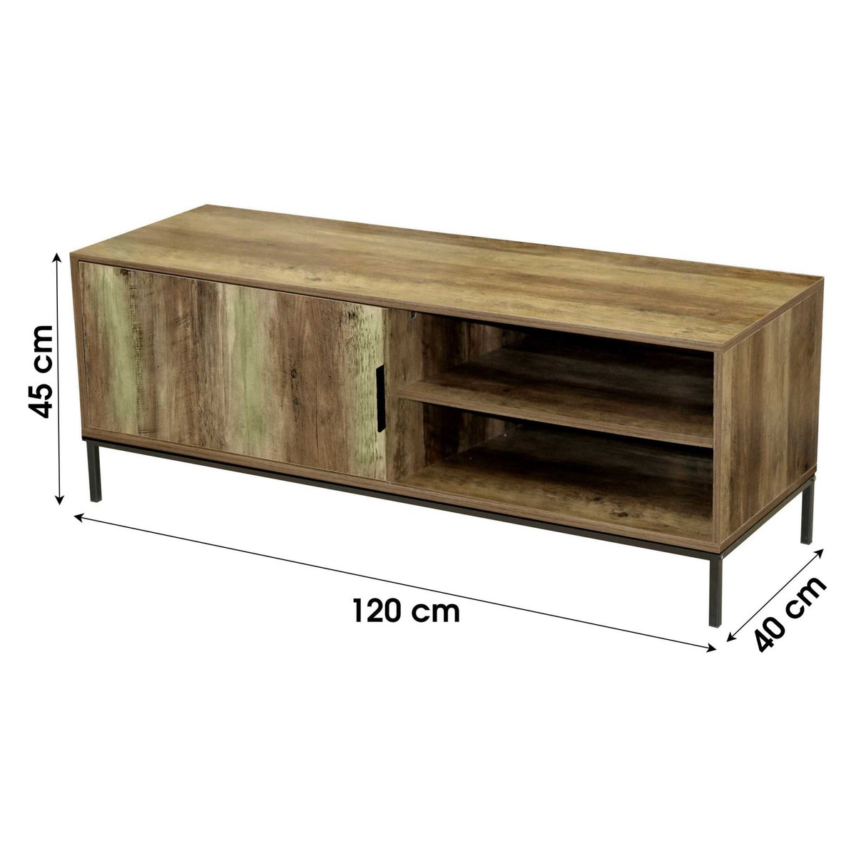 Meuble de Télévision Métal Noir et Bois 1 Placard + 2 Étagères bois, WADIGA