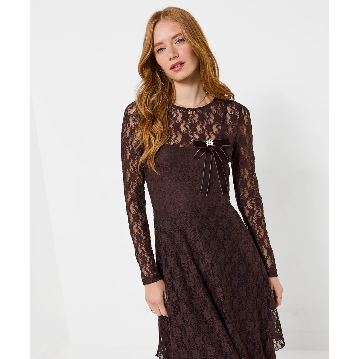 Robe Longue en Dentelle à Manches Longues Bella marron, JOE BROWNS