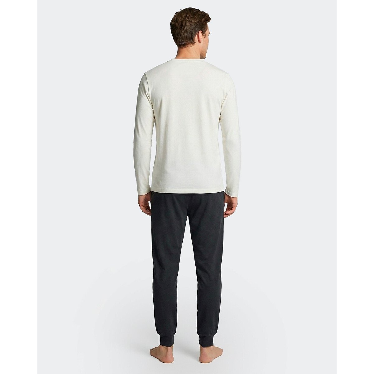 Pigiama lungo, pantaloni a tinta unita marine + bianco, EDEN PARK