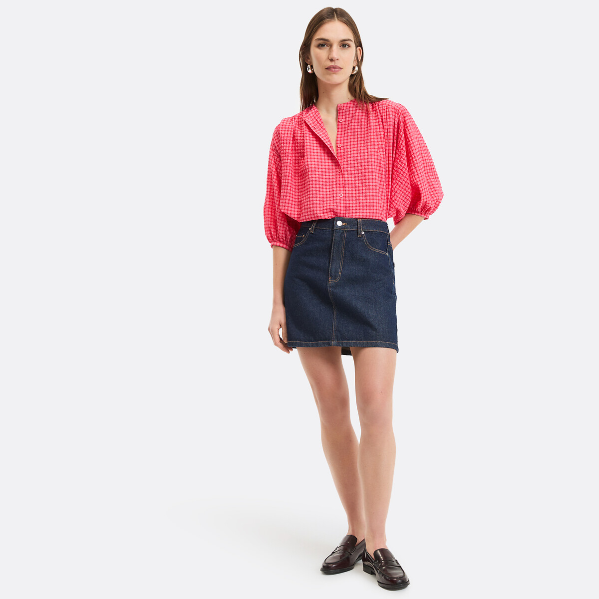 Chemise col mao à carreaux, volume oversize, en coton, Signature BERTHE carreaux rouge, LA REDOUTE COLLECTIONS