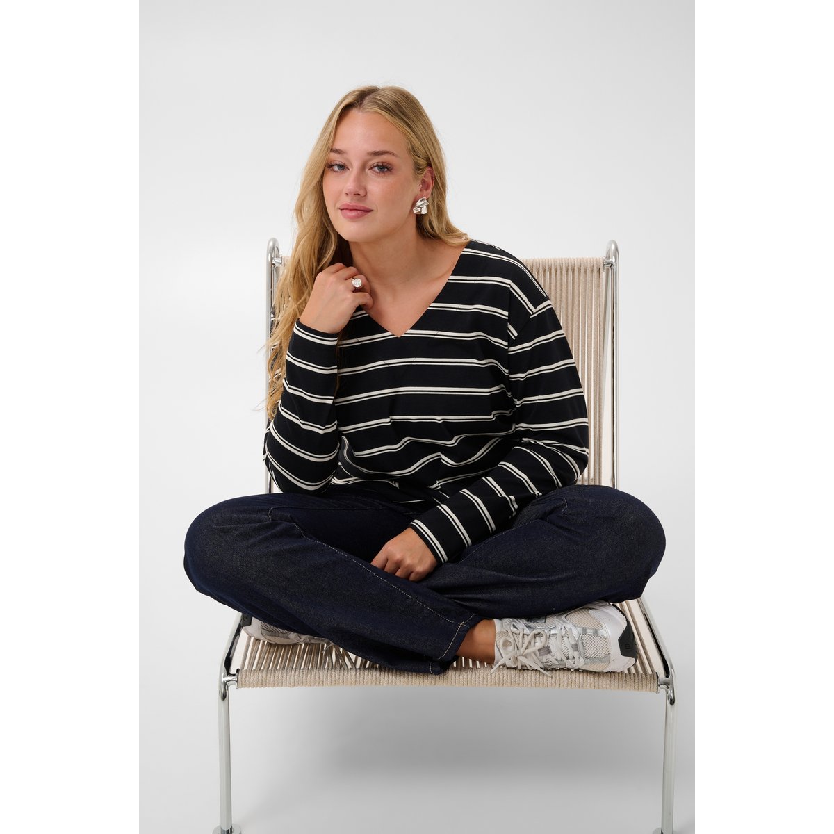 T-shirt à manches longues noir blanc black/white stripe, KAFFE CURVE