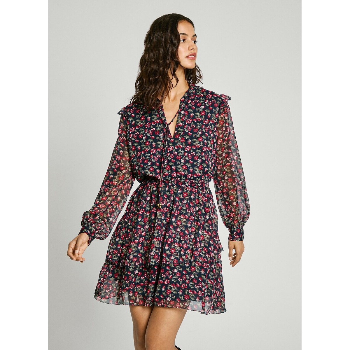 Robe manches longues en voile OLIVE imprimé fond marine, PEPE JEANS
