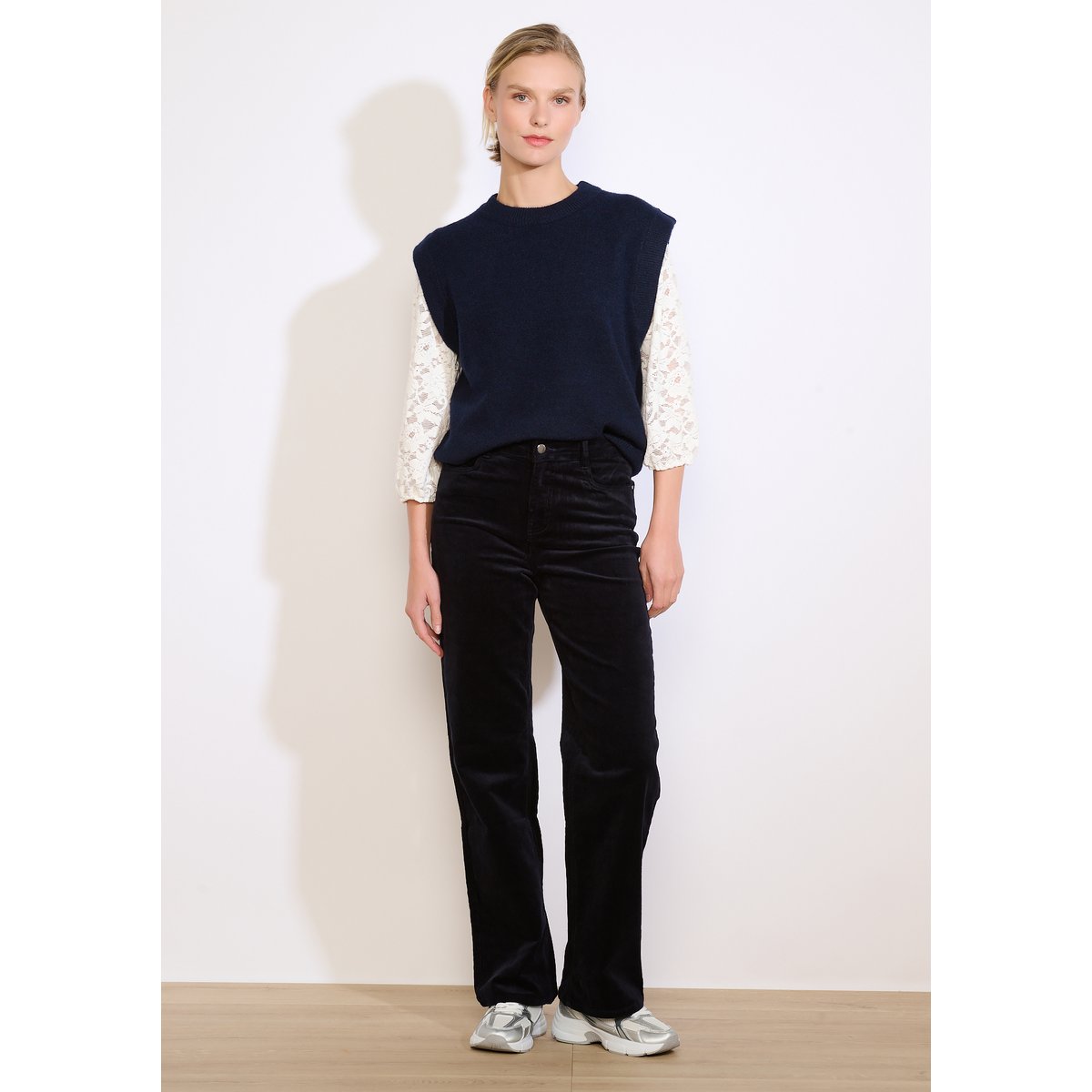 Pantalon droit en velours côtelé bleu marine, LOLALIZA
