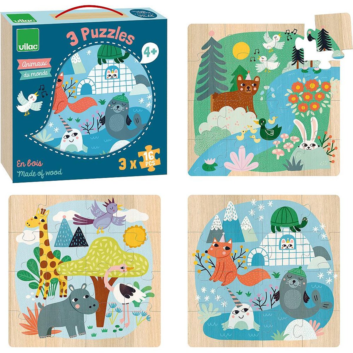3 puzzles Animaux du monde bleu, VILAC