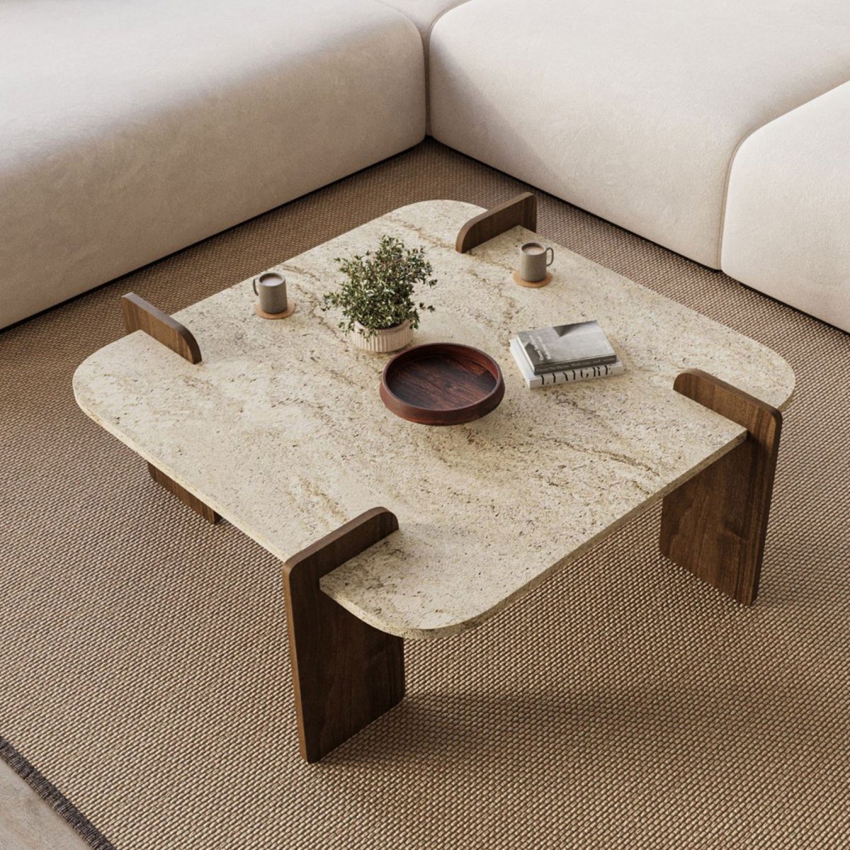 Table basse en bois et effet travertin 90x90cm- SOLENI beige, DRAWER