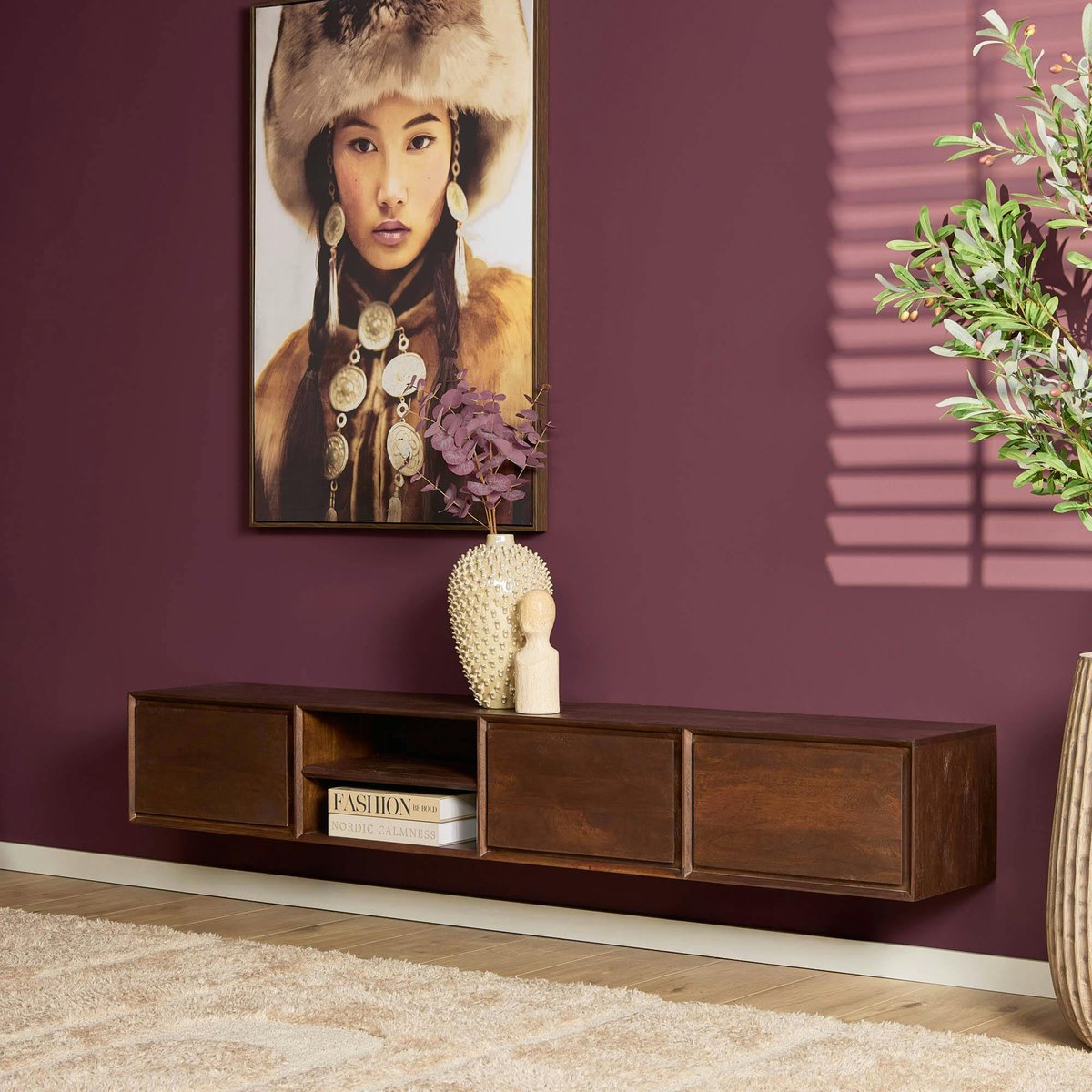 Meuble TV mural 280 cm en bois, 3 tiroirs AERA brun, PIER IMPORT
