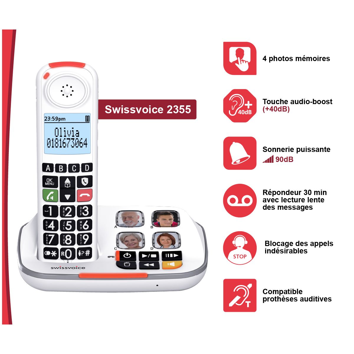 Téléphone sans fil XTRA 2355 Voice blanc, SWISSVOICE