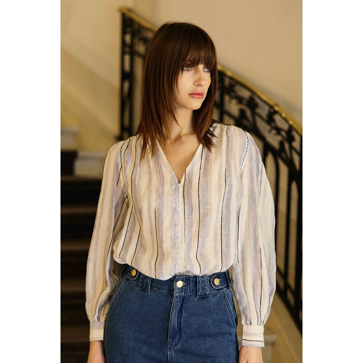 Blouse col V rayée manches longues, BLAIKE ecru/bleu, LA PETITE ETOILE