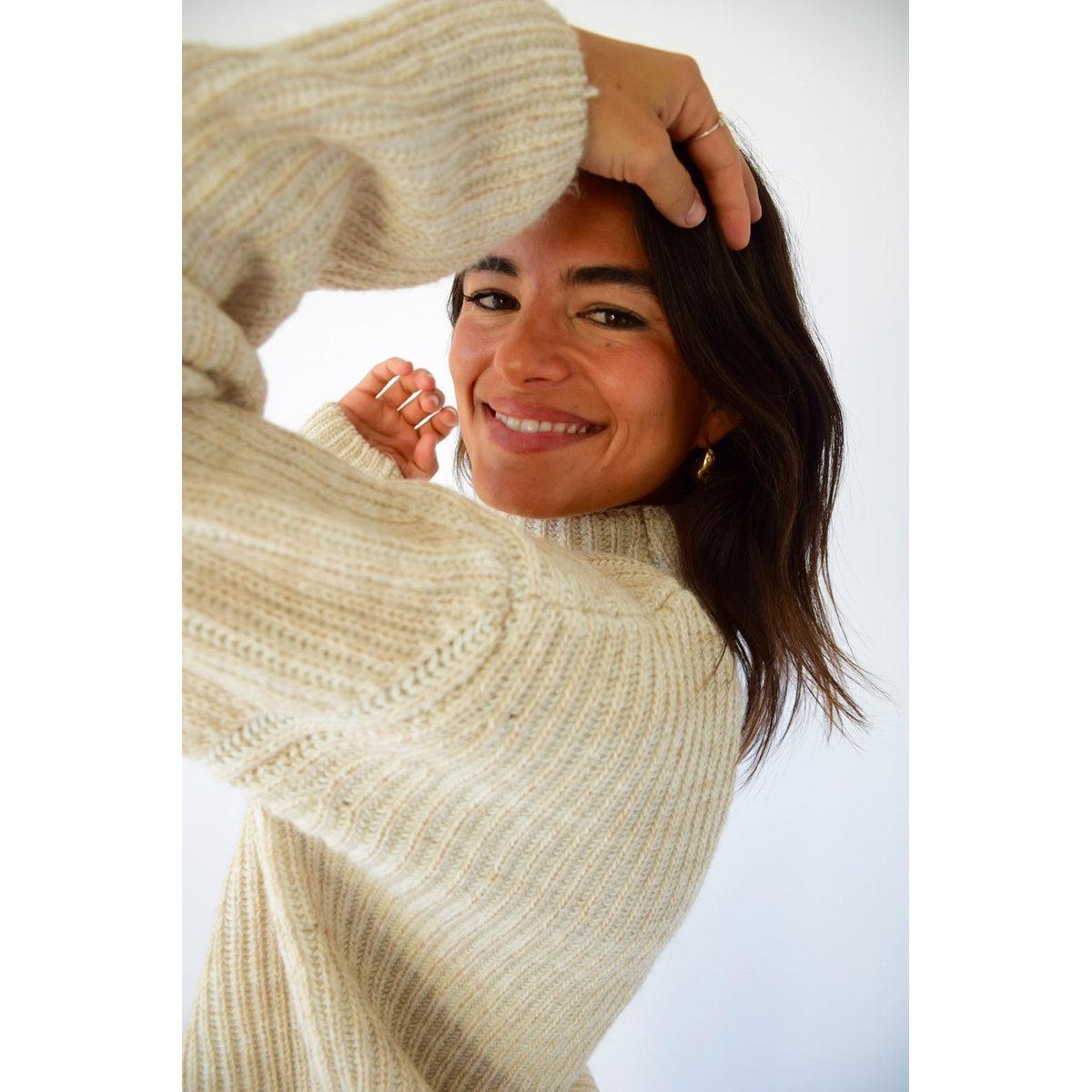 Pull col montant maille côtelée RITA beige, MINDTRAVELER