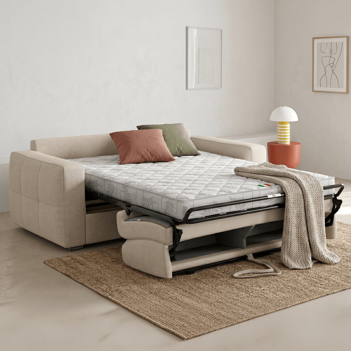 Canapé capitonné convertible 3 places en tissu chenille - ouverture express - CASSIAN beige, HOMIFAB