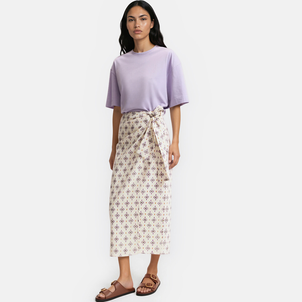 Jupe portefeuille midi imprimée à nouer imprimé mauve, LA REDOUTE COLLECTIONS