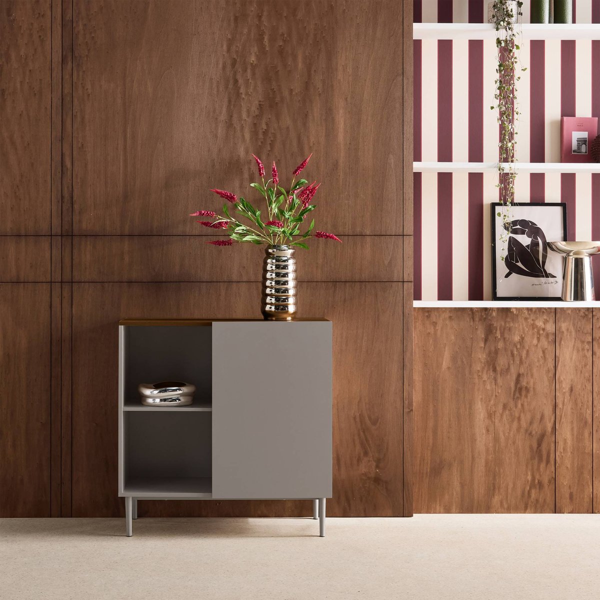 Buffet, meuble de rangement décor bois piétement métal 1 porte 80cm ASHTON gris, SWEEEK
