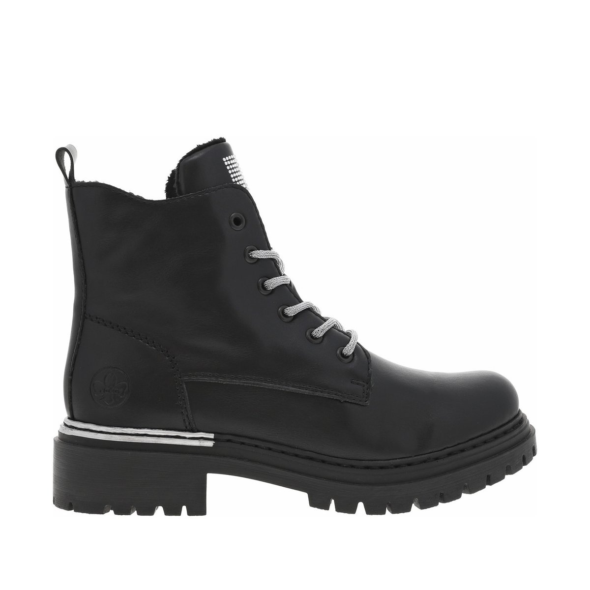Bottines noires à talon décroché bas avec un zip et des lacets ronds noires, RIEKER