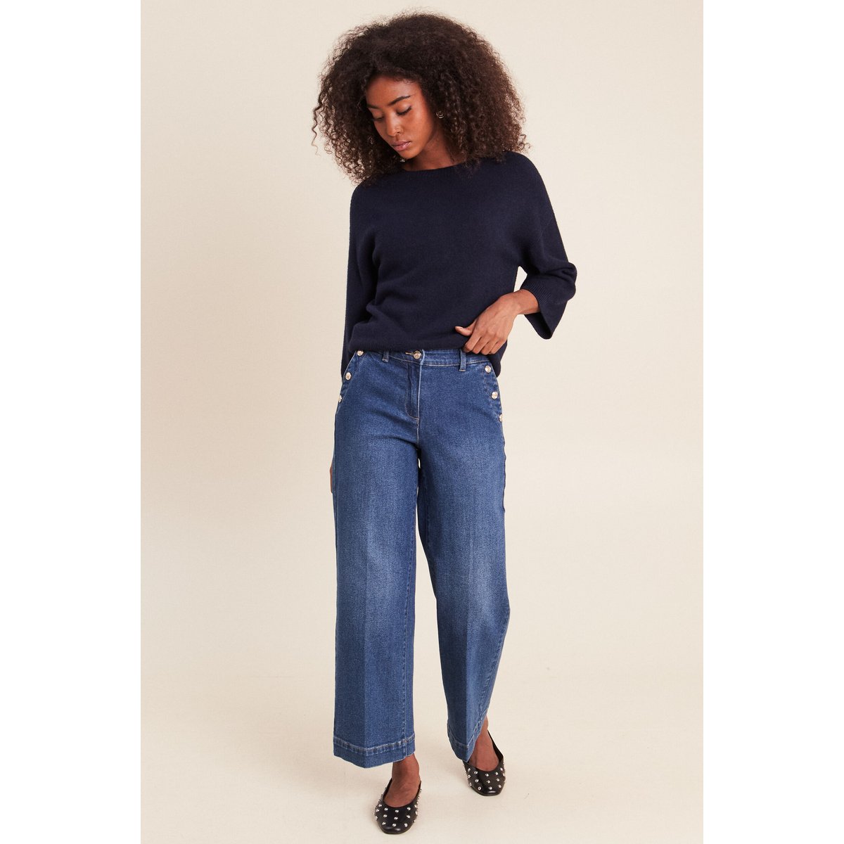 Pull droit col rond manches 3/4 bleu marine, BREAL