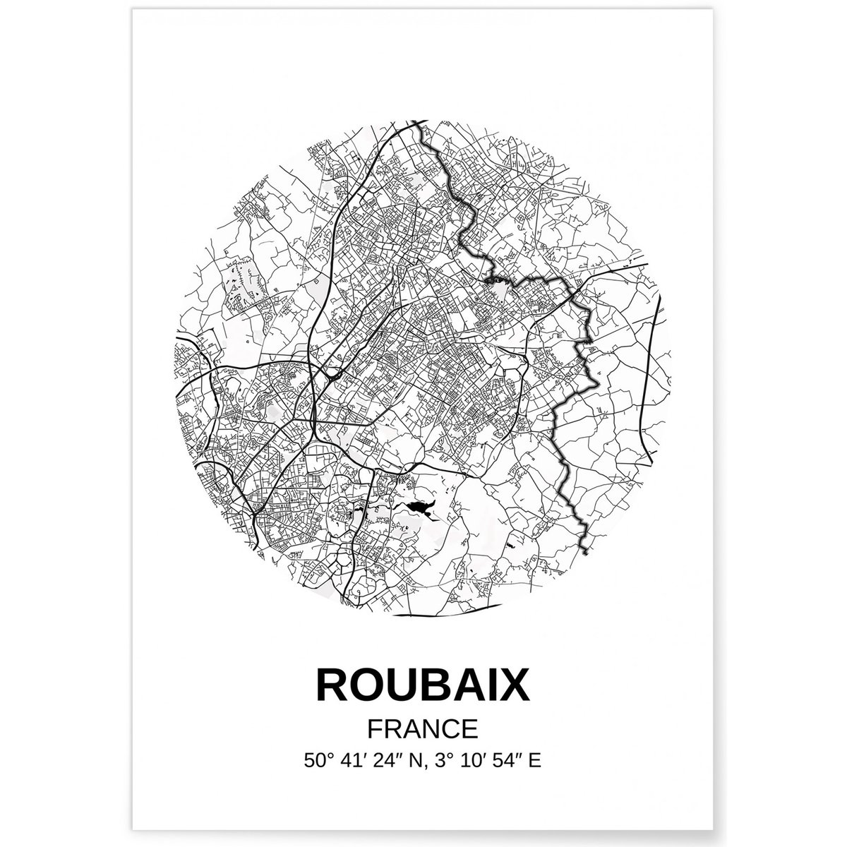 Affiche Carte Roubaix blanc, L'AFFICHERIE