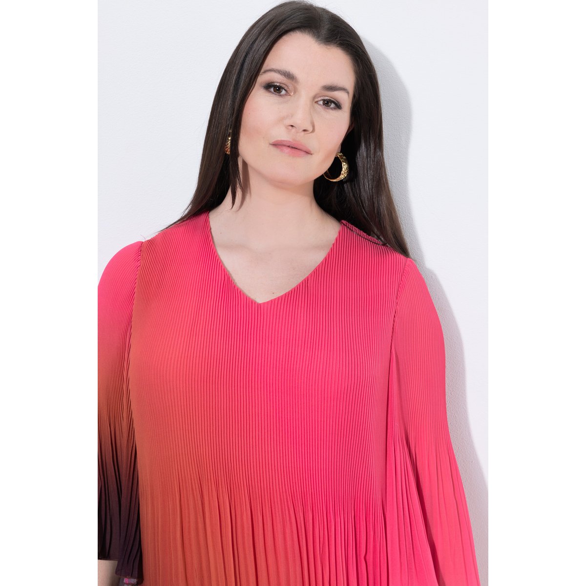 Robe plissée, dégradé, coupe A, col V rose vif fuchsia, ULLA POPKEN