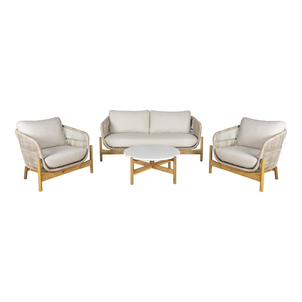 Salon de jardin en bois d'acacia et corde (1 canapé, 2 fauteuils, 1 table basse ronde) MENDOZA beige, PIER IMPORT