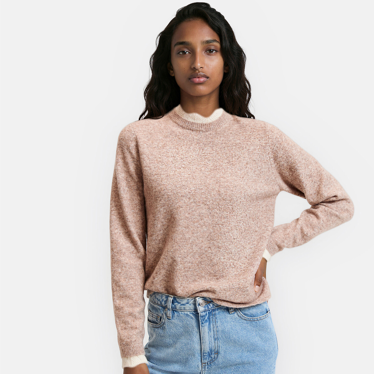 Pull col rond avec détails en maille fantaisie beige, LA REDOUTE COLLECTIONS