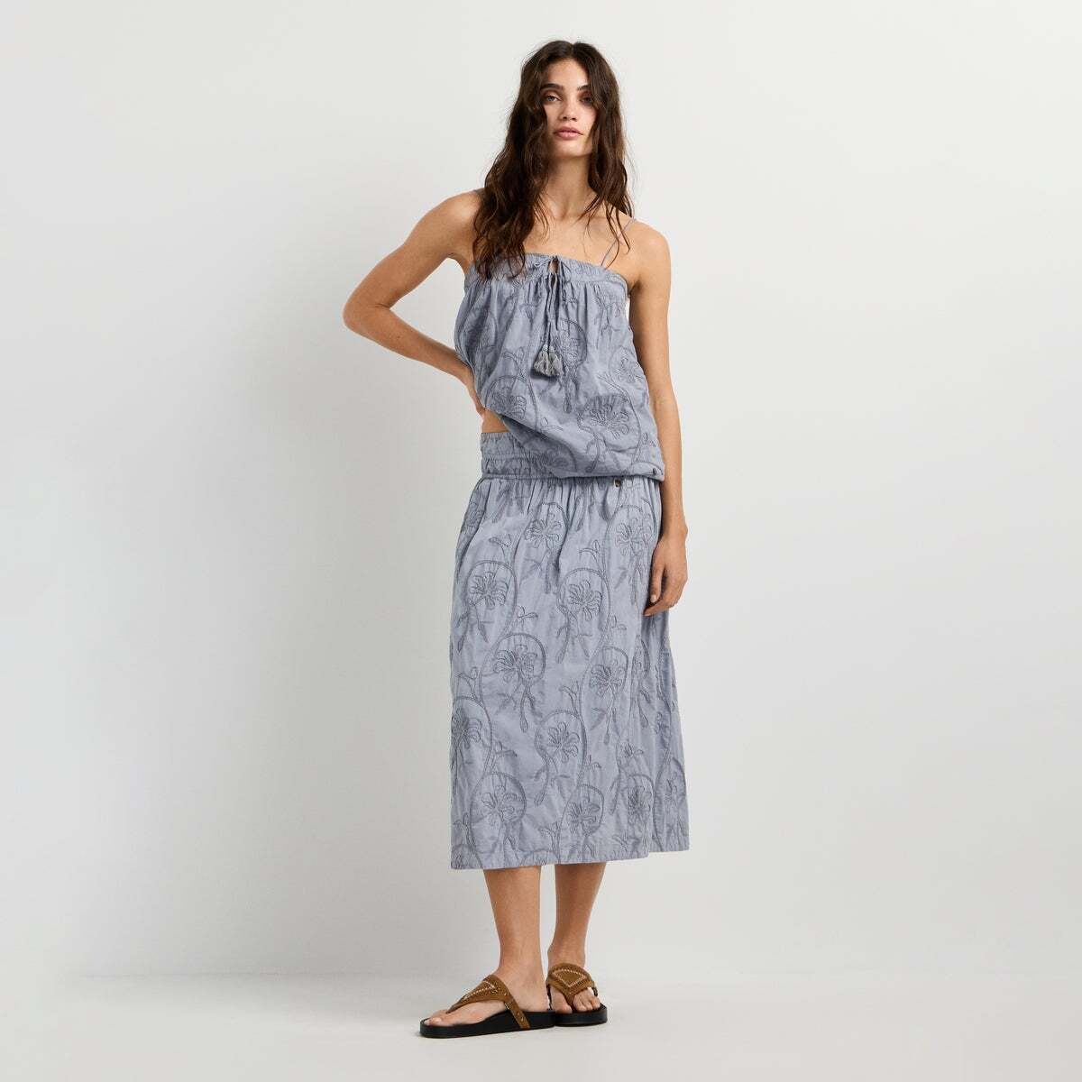 Jupe Midi Brodée Florale bleu mer tempête, PEPE JEANS