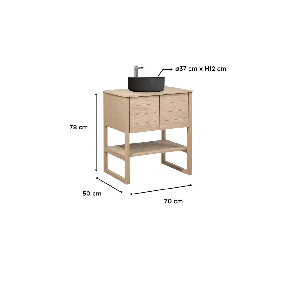 Meuble 70cm chêne vasque ronde noire robinet miroir ATOLL couleur unique, MOB IN