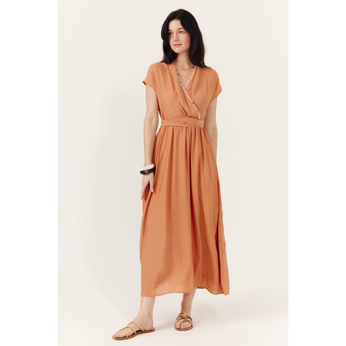 Robe longue cache-cœur manches courtes Calinea terracotta, ARTLOVE