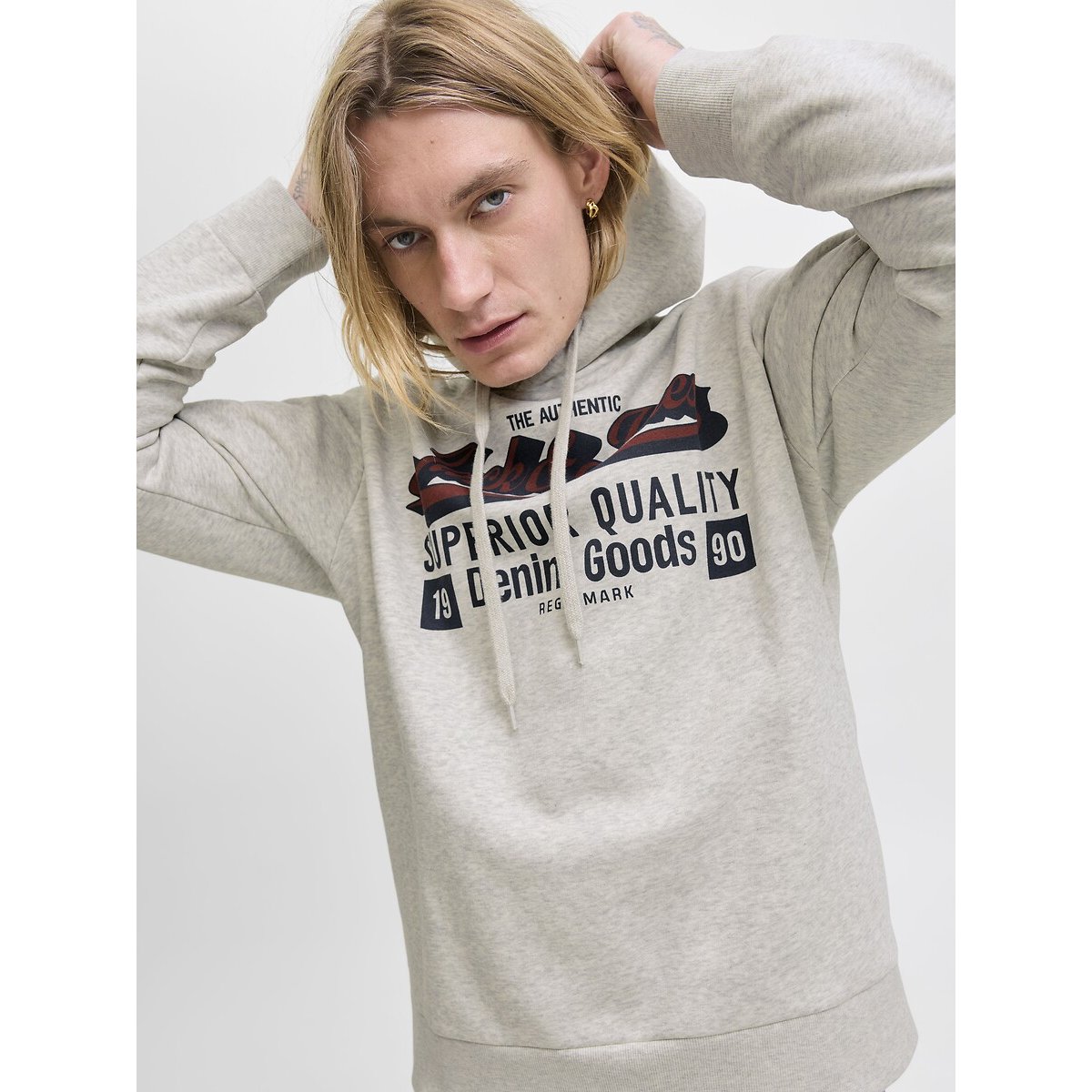 Felpa con cappuccio e logo beige, JACK & JONES