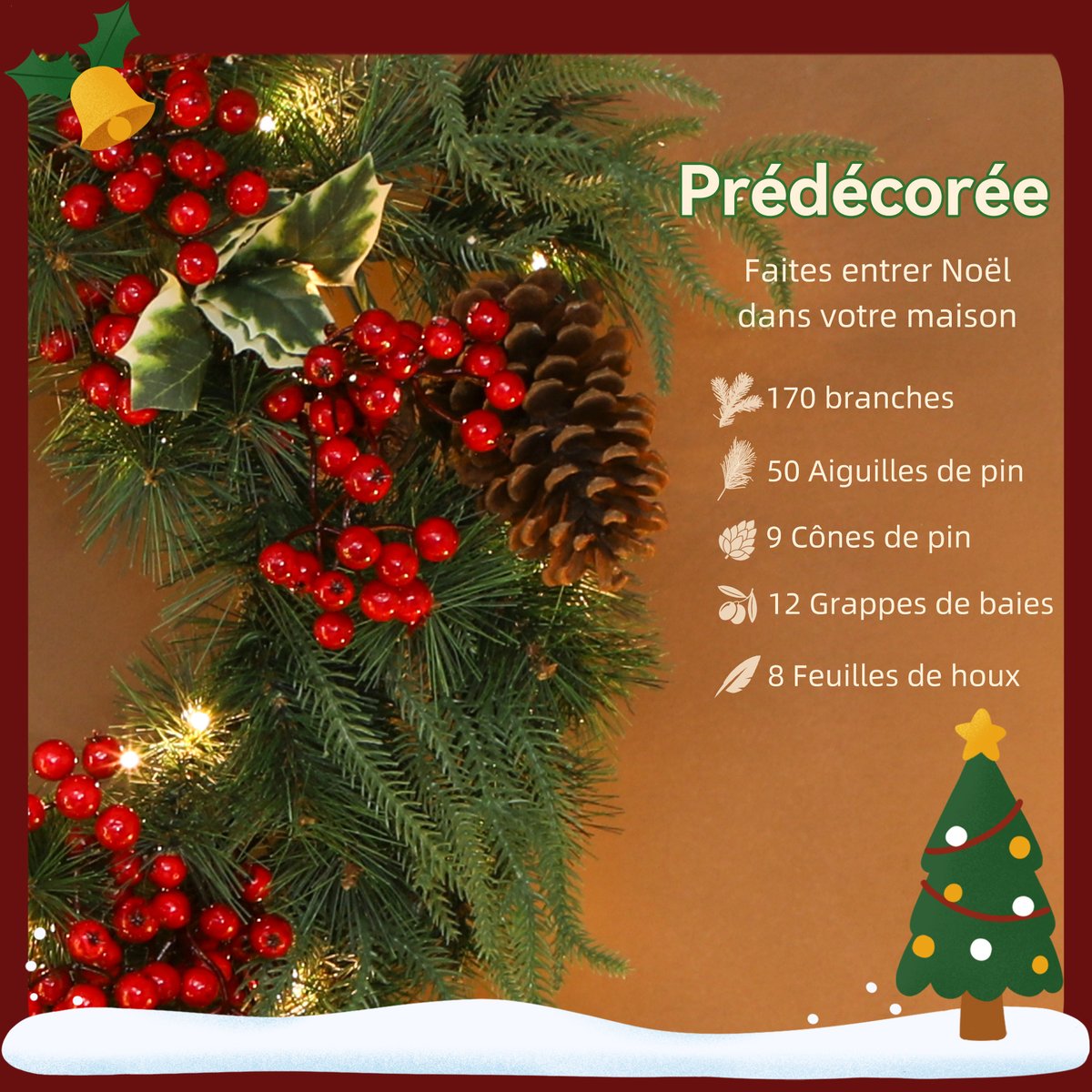Couronne de Noël Plastique Vert vert, HOMCOM