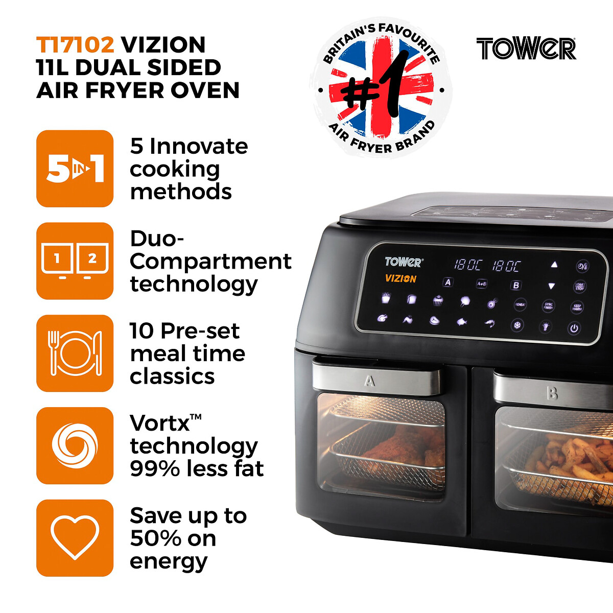 Vortx Vizion 11L Dual Air Fryer - T17102 black, TOWER