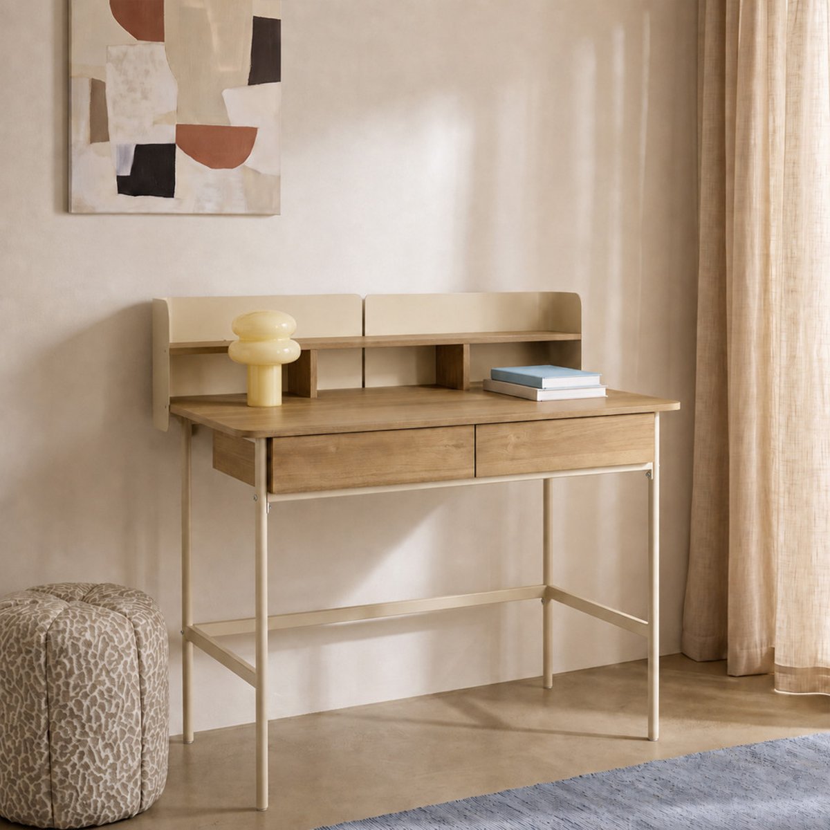Bureau 2 tiroirs en bois et métal L100cm- COPA beige, DRAWER
