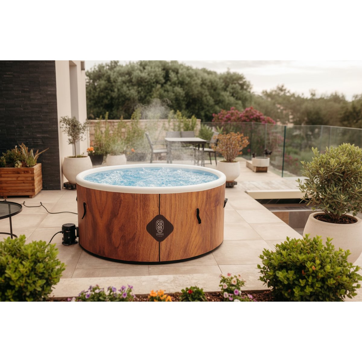 Spa gonflable chauffant & massant imitation bois couleur unique, COCO SPA