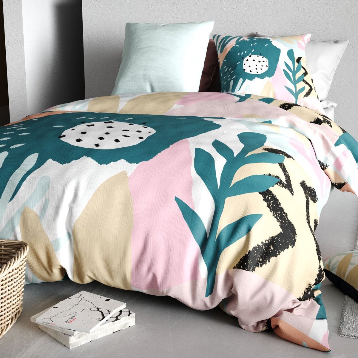 Parure housse de couette en coton imprimée, Emilia bleu, C DESIGN HOME TEXTILE