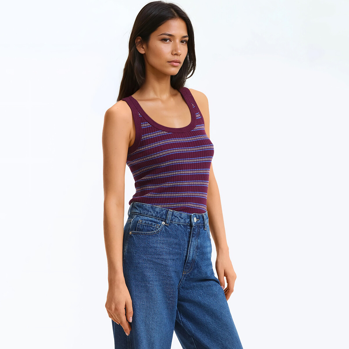 Débardeur rayé, col rond, en fine maille rayé bordeaux, LA REDOUTE COLLECTIONS