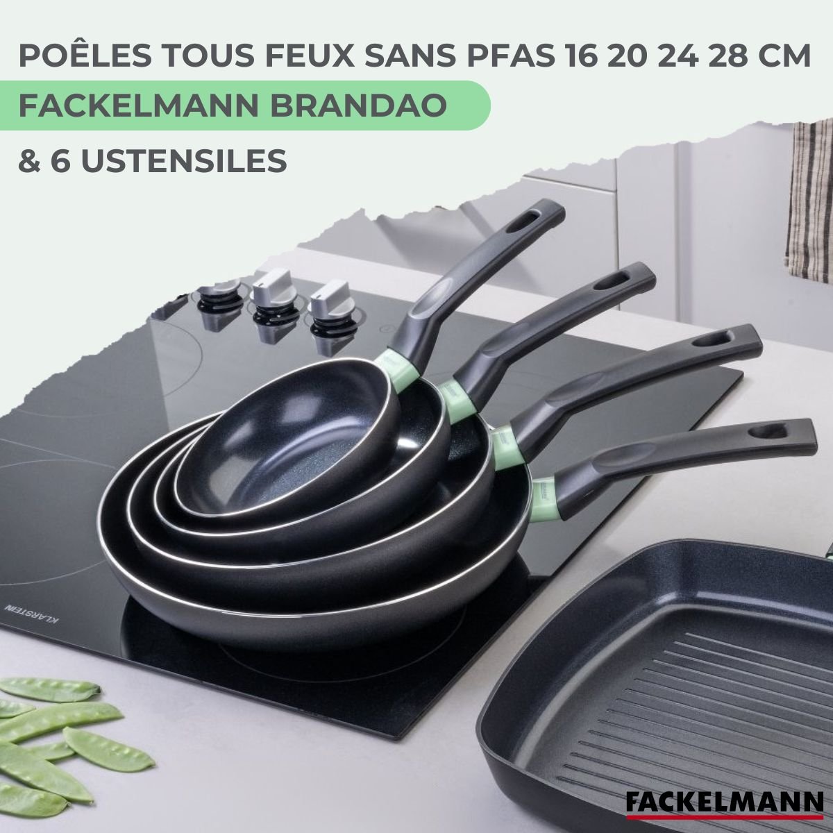 Ensemble de 4 poêles de 16 20 24 et 6 ustensiles BRANDAO noir|vert, FACKELMANN