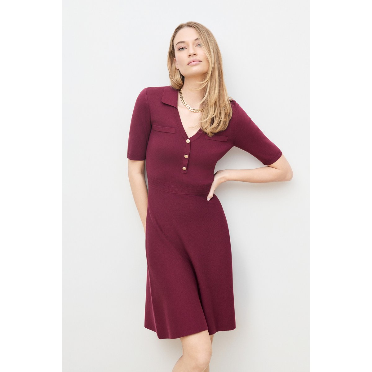 Robe courte col chemise RTEYLA bordeaux, CAROLL