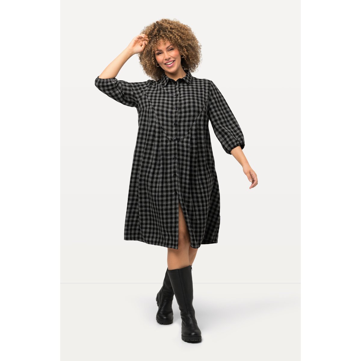 Robe midi à col chemise et manches 3/4 noir, ULLA POPKEN