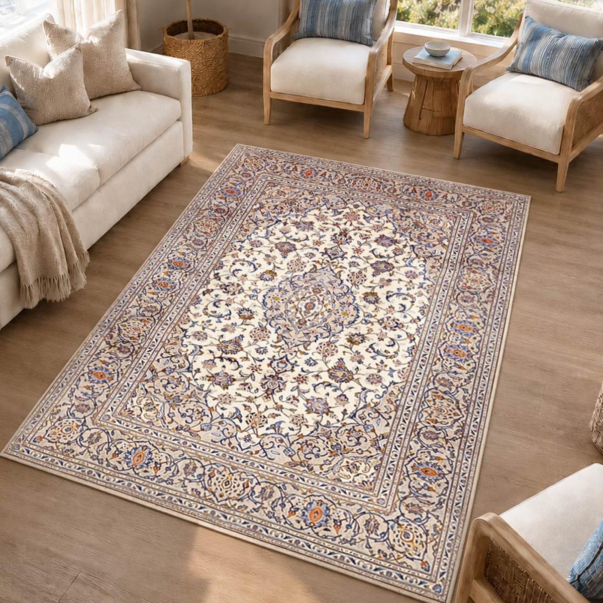 Tapis d'orient, motif oriental, noué main en laine, KASHAN 1 crème, beige, bleu, UN AMOUR DE TAPIS