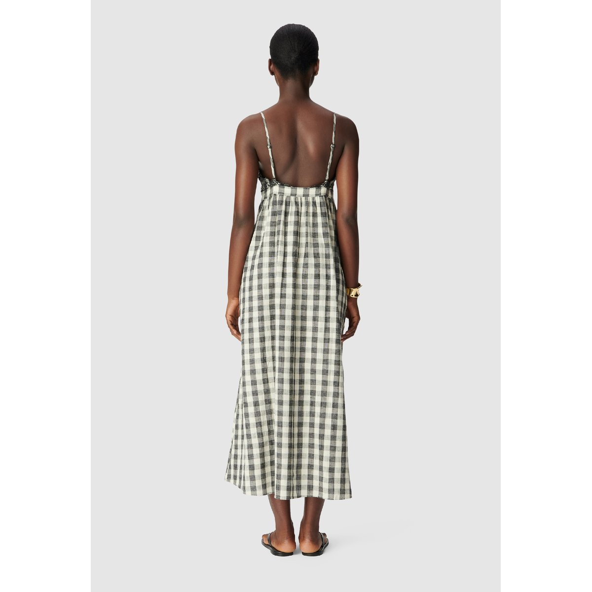 Robe longue motif carreaux et broderies ecru, IKKS