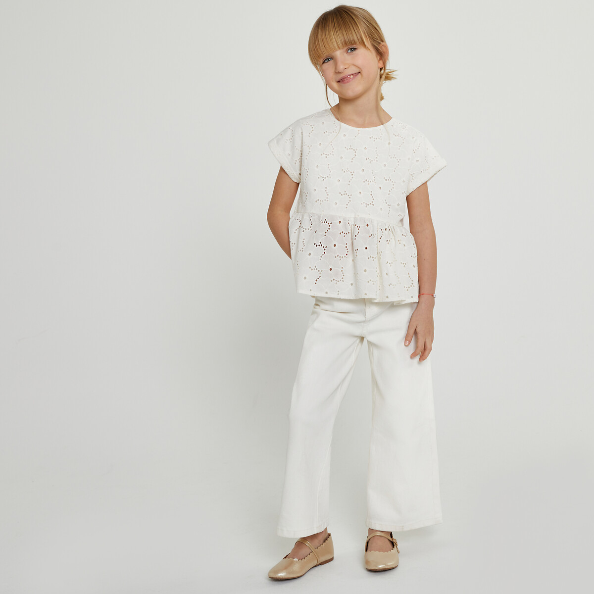 Broderie Anglaise Blouse in Organic Cotton with Short Sleeves ecru , LA REDOUTE COLLECTIONS