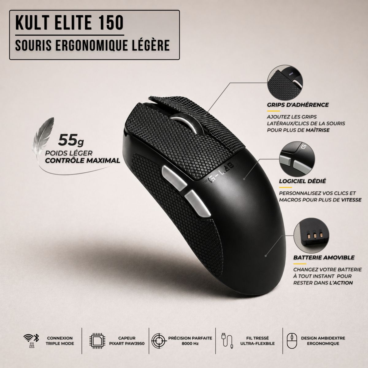 Souris Gamer Sans Fil KULT ELITE M150 couleur unique, THE G-LAB