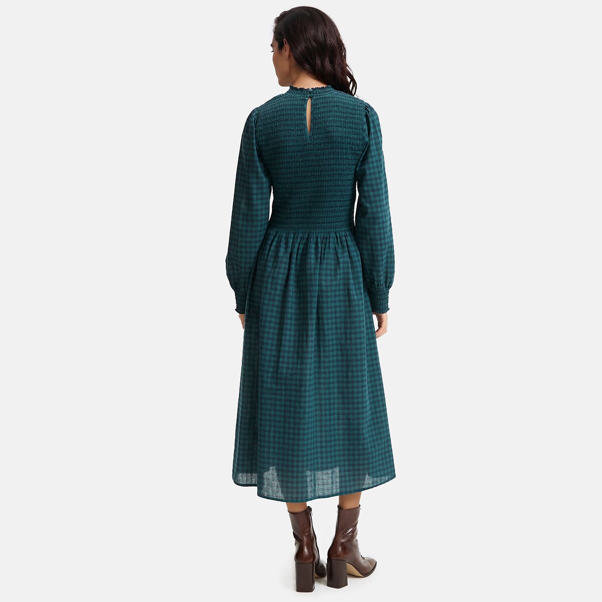 Robe midi à carreaux, manches longues, smockée carreaux bleu/vert, LA REDOUTE COLLECTIONS