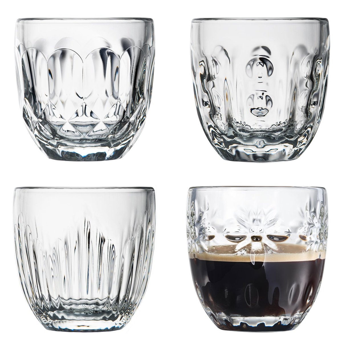 Coffret de 4 tasses expresso 4 motifs assortis, TROQUET transparent, LA ROCHERE