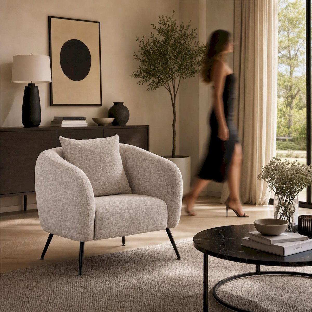 Fauteuil lounge en chenille collection INGLEDE beige clair et noir, RECOLLECTION