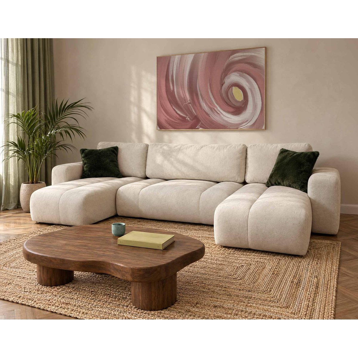 Canapé panoramique en U 7 places convertible avec, MANON beige, BEST MOBILIER