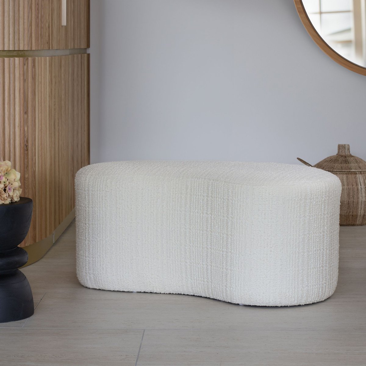 Banc en bouclette et structure en bois, MALO ecru, NOW'S HOME