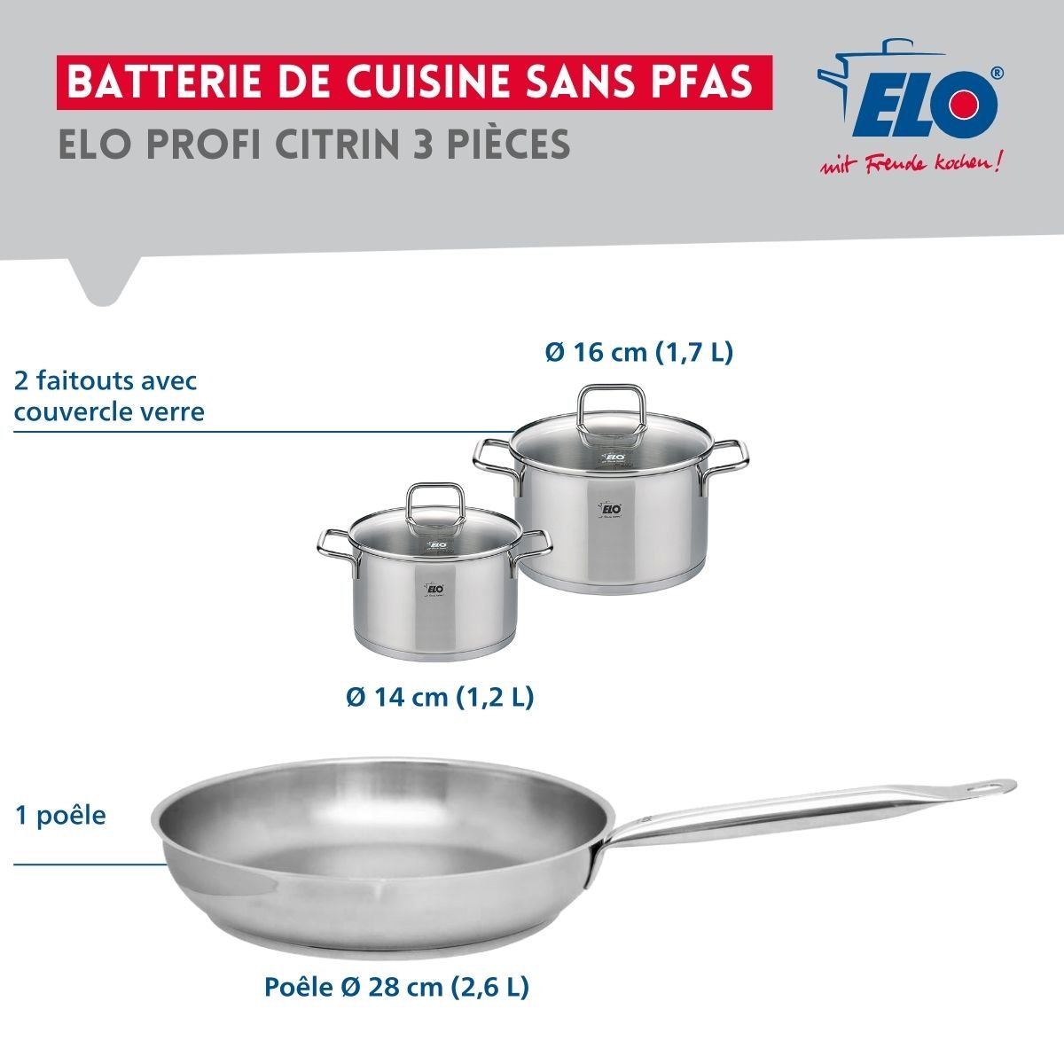 Batterie 1 poêle 28cm + 2 faitouts 14/16cm PROFI CITRIN inox, ELO