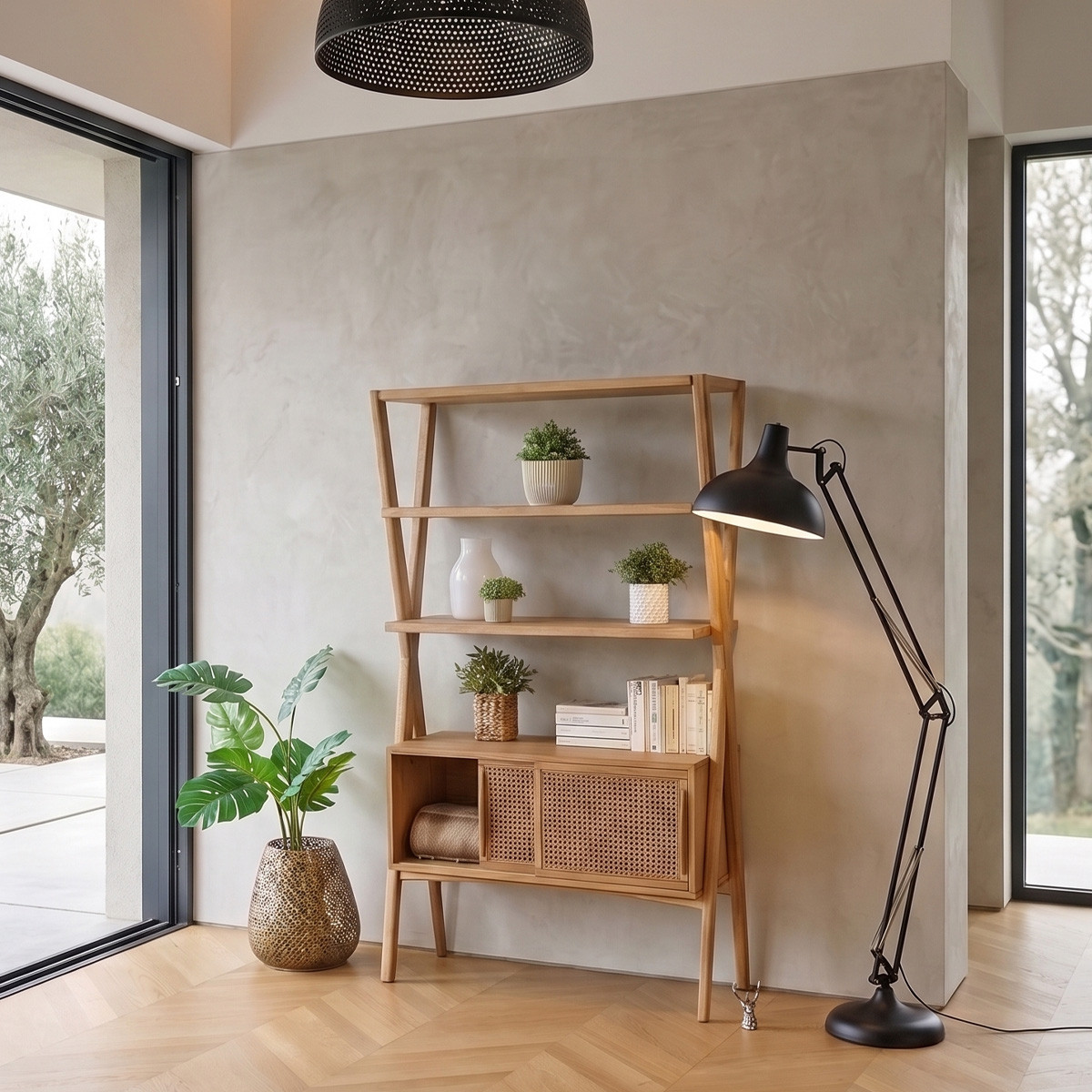 Etagère portes coulissantes style contemporain en chêne et cannage DOROTHY beige, ROBIN DES BOIS