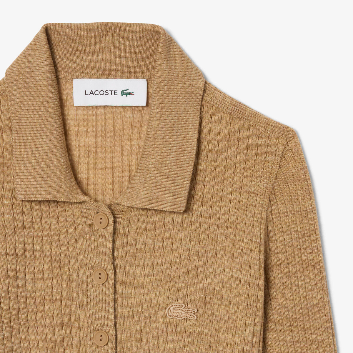 Pull collo a polo e maniche lunghe in lana beige cammello, LACOSTE